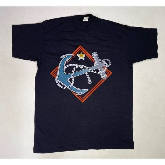VINTAGE Anchor Graphic T-shirt Men Large Black 80s 90s Single Stitch - Picture 1 of 7